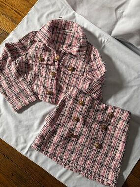 Pink Plaid Tweed Two-Piece Set - Jacket & Skirt